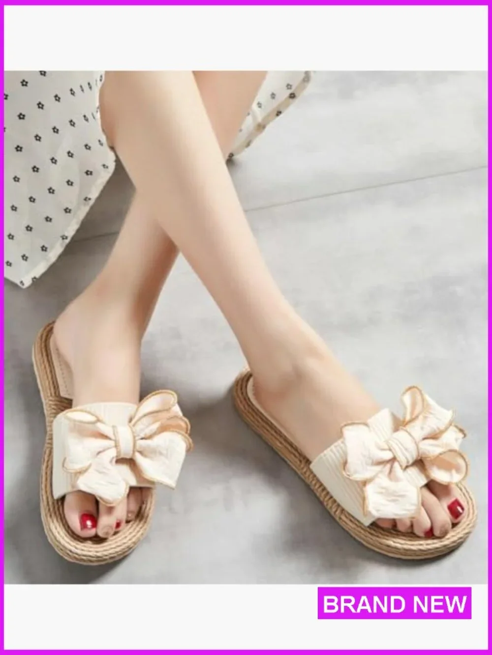 Straw Bow Flat Sandals Slide Slippers Summer Casual Outdoor Travel Dressy Chic